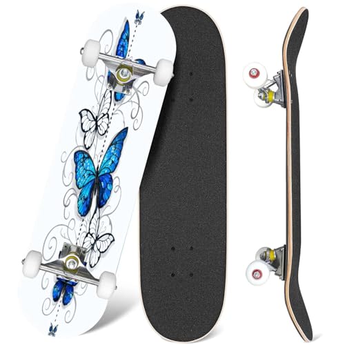 EFTOWEL Skateboards Composition of Blue Butterflies Morpho and White Butterflies on White Classic Concave Skateboard Cool Stuff Teen Gifts Longboard Extreme Sports for Beginners and Professionals