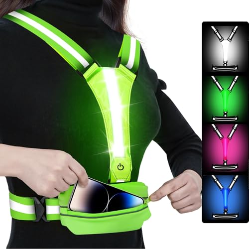 LOYAL SEA LED Reflective Light Up Safety Running Vest for Biking Walking at Night, High Visible Adjustable Running Light for Runners Rechargeable with Pouch, Reflective Running Belt Gear for Women