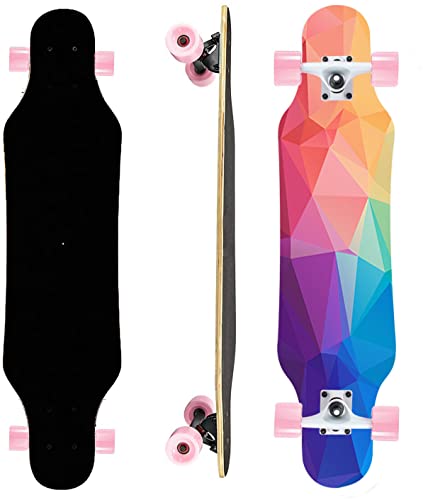 Mini Cruiser Longboard, 31 Inch Small Size Wide Wheel Skateboard, Beginner Stable & Easy-to-Control Skateboard, Suitable for Park & Street Riding, Unique Flame Pattern (BlockColor)