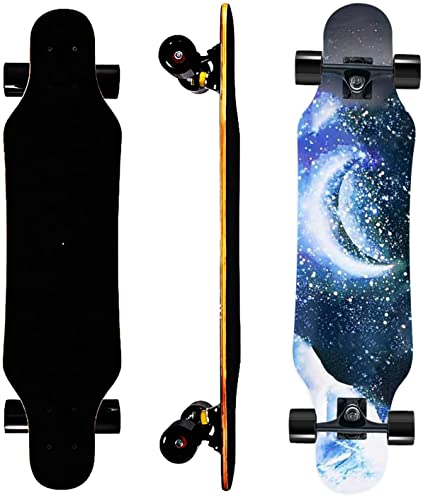 Mini Cruiser Longboard, 31 Inch Small Size Wide Wheel Skateboard, Beginner Stable & Easy-to-Control Skateboard, Suitable for Park & Street Riding, Unique Flame Pattern (Blue Moon)
