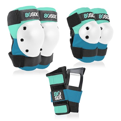80SIX Multi-Sport Pad Set– Protective Gear for Skateboarding, Biking, Roller Skating, and Scooter (Surf Green Teal, 14+ Medium/Large)