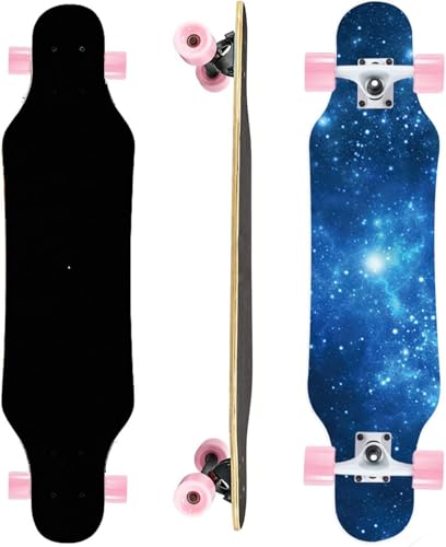 Mini Cruiser Longboard, 31 Inch Small Size Wide Wheel Skateboard, Beginner Stable & Easy-to-Control Skateboard, Suitable for Park & Street Riding, Unique Flame Pattern (Bluesky)