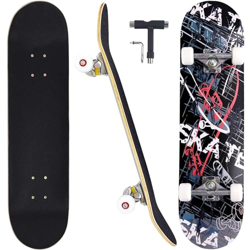 CAPARK Skateboards for Beginners Adults Youths Teens Kids Girls Boys 31 Inch Pro Complete Skate Boards 7 Layer Canadian Maple Double Kick Concave Longboards (Street)