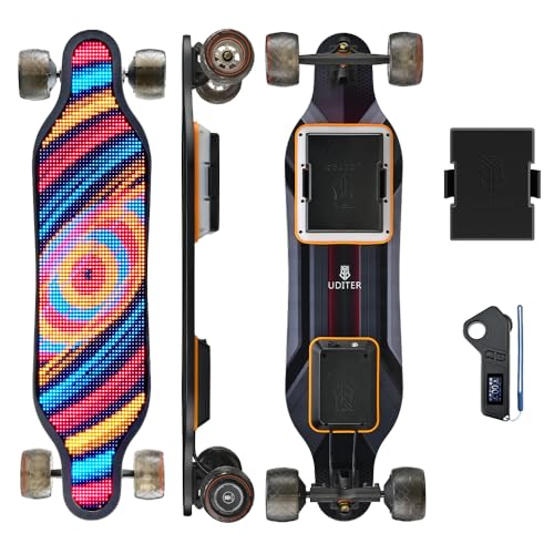 Uditer LED Screen Electric Skateboards, Supports Image DIY via App. 10S2P 5.2A Removable Battery/ 25 Miles Max Range/29 Mph Top Speed/2 * 600W Motors Electric Longboards for Adults & Beginners