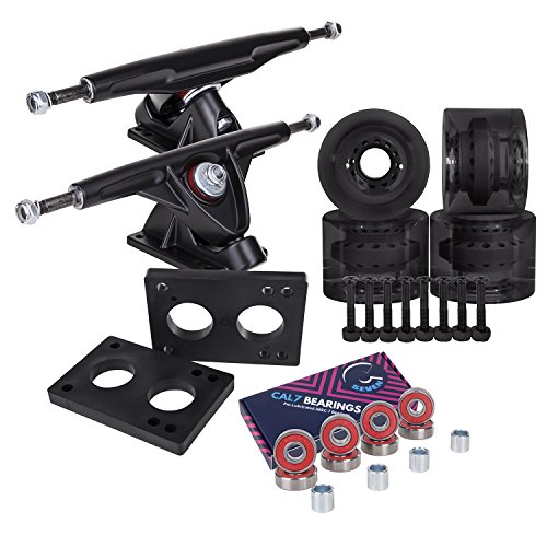 Cal 7 Longboard Skateboard Combo Package with 70mm Wheels & 180mm Lightweight Aluminum Trucks, Bearings Complete Set & Steel Hardware (Black Truck + Transparent Black Wheels)