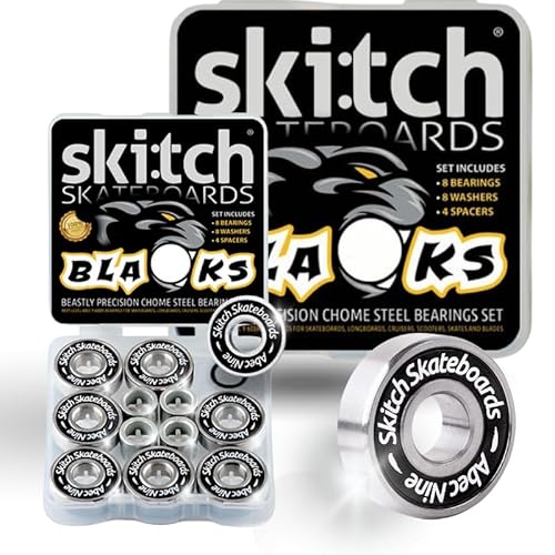 SKITCH Precision Fast Spin Bearings Set | 8 Pack 608 2RS ABEC 9 Chrome Steel Deep Groove Ball Bearing Set for Skateboards, Longboards, Inline Skates, Scooters | + Washers + Spacers | 8mm x 22mm x 7mm